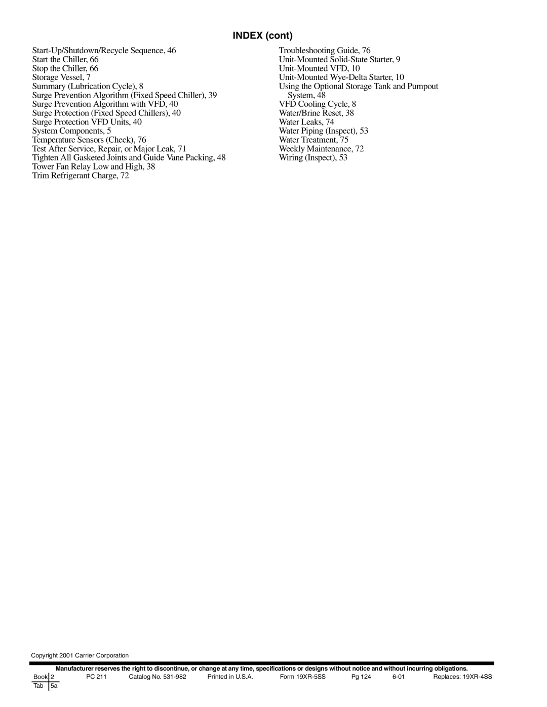 Carrier 19XR, XRV specifications Index 