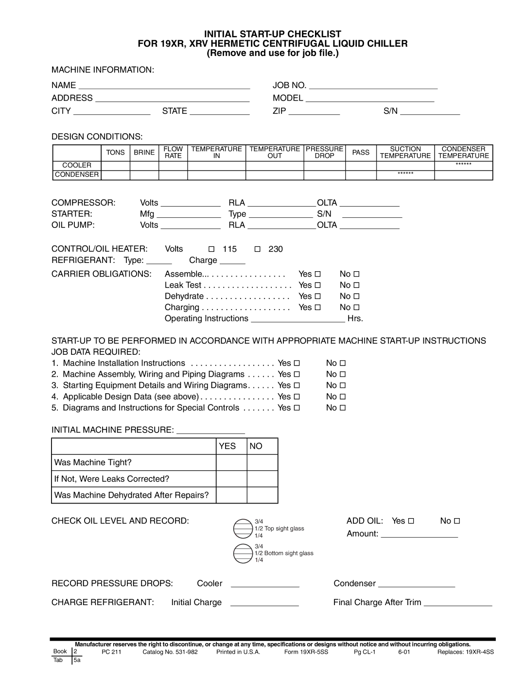 Carrier XRV, 19XR specifications Remove and use for job file, JOB Data Required 