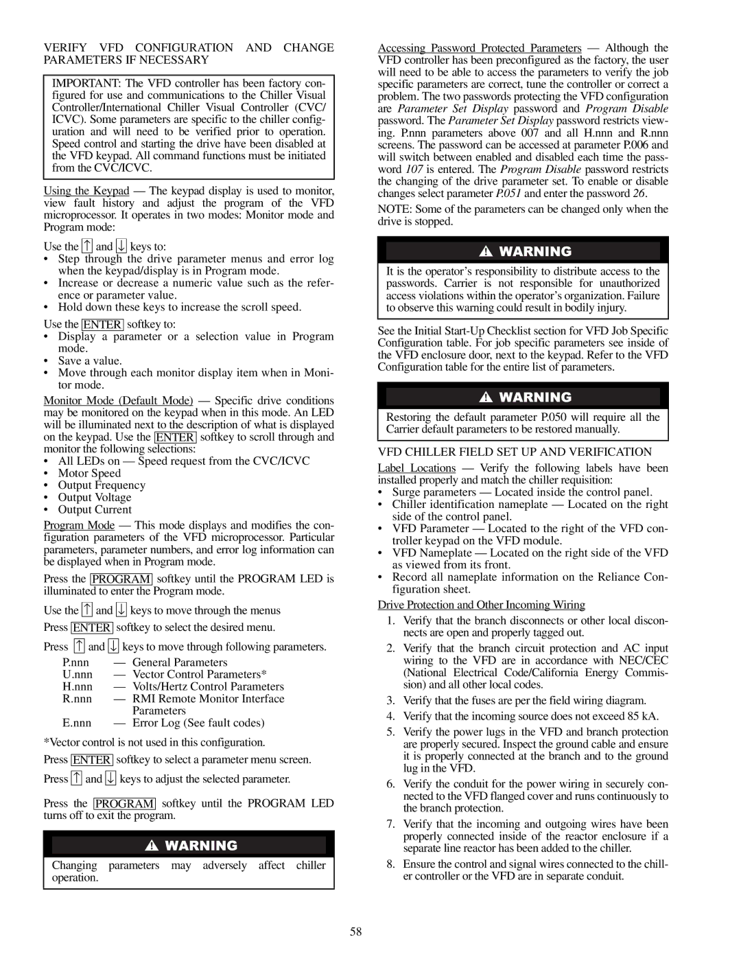 Carrier 19XR, XRV specifications Verify VFD Configuration and Change Parameters if Necessary 