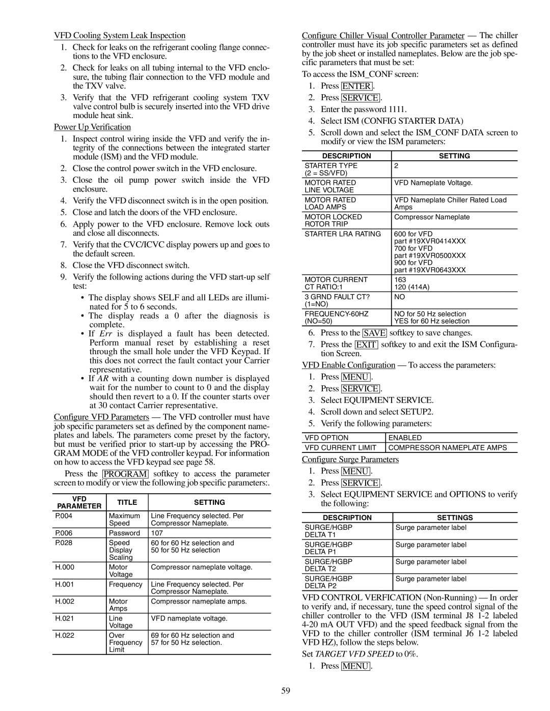 Carrier XRV, 19XR specifications VFD Title Setting Parameter, Description Settings 