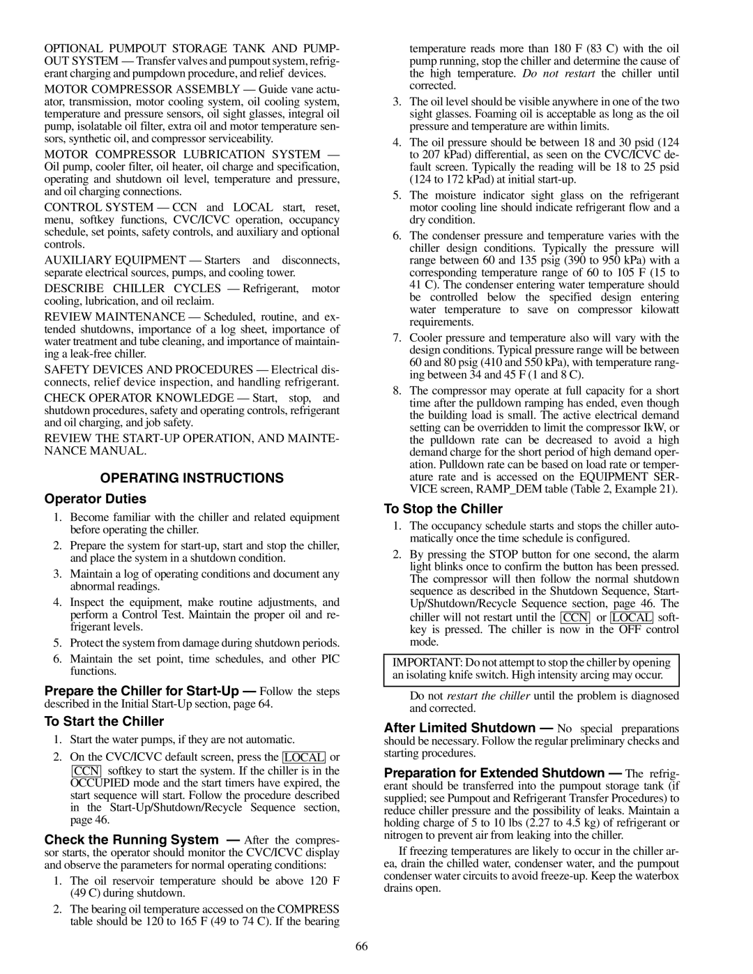 Carrier 19XR, XRV specifications Operating Instructions, Operator Duties, To Start the Chiller, To Stop the Chiller 