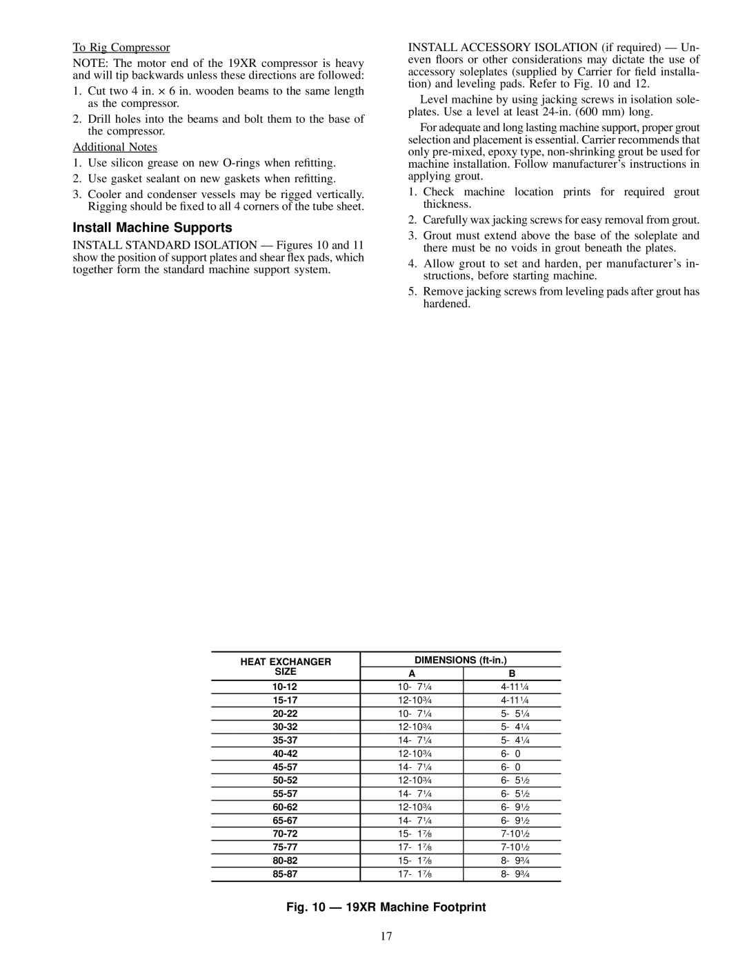 Carrier 19XR Dimensions ft-in, 15-17, 20-22, 30-32, 35-37, 40-42, 45-57, 50-52, 55-57, 60-62, 65-67, 70-72, 75-77, 80-82 