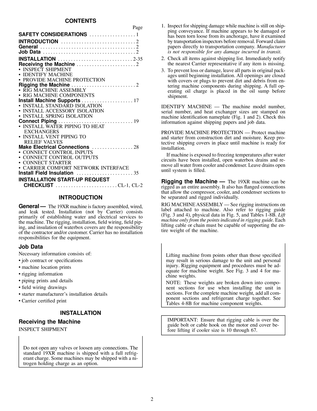 Carrier 19XR installation instructions Contents 