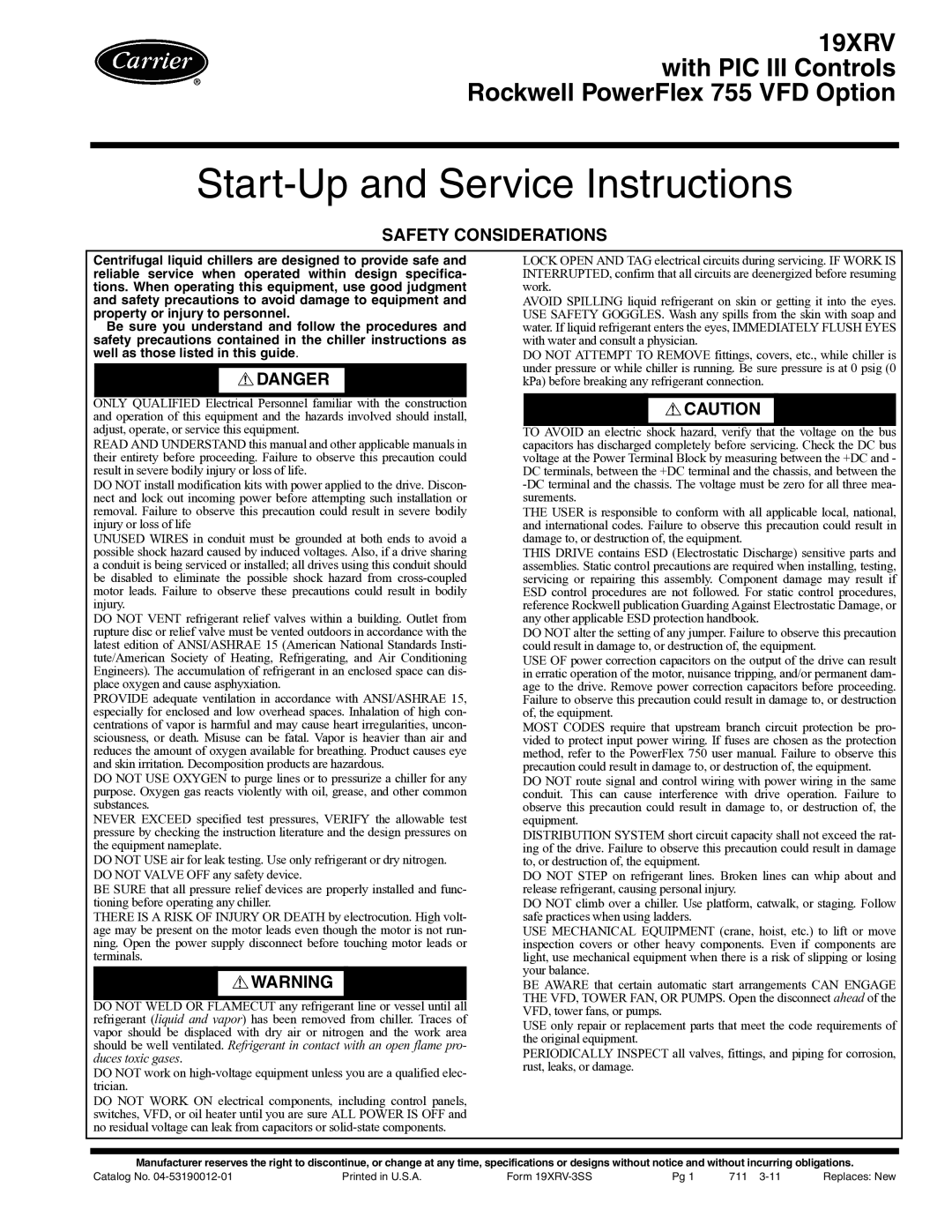 Carrier 19XRV specifications Start-Up and Service Instructions 