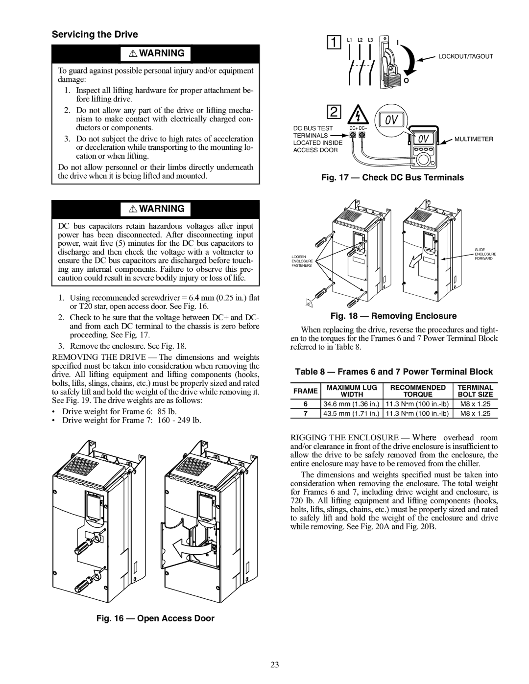 Carrier 19XRV A19-1814Fig Check DC Bus Terminals, A19-1831Fig Open Access Door, A19-1816Fig Removing Enclosure 