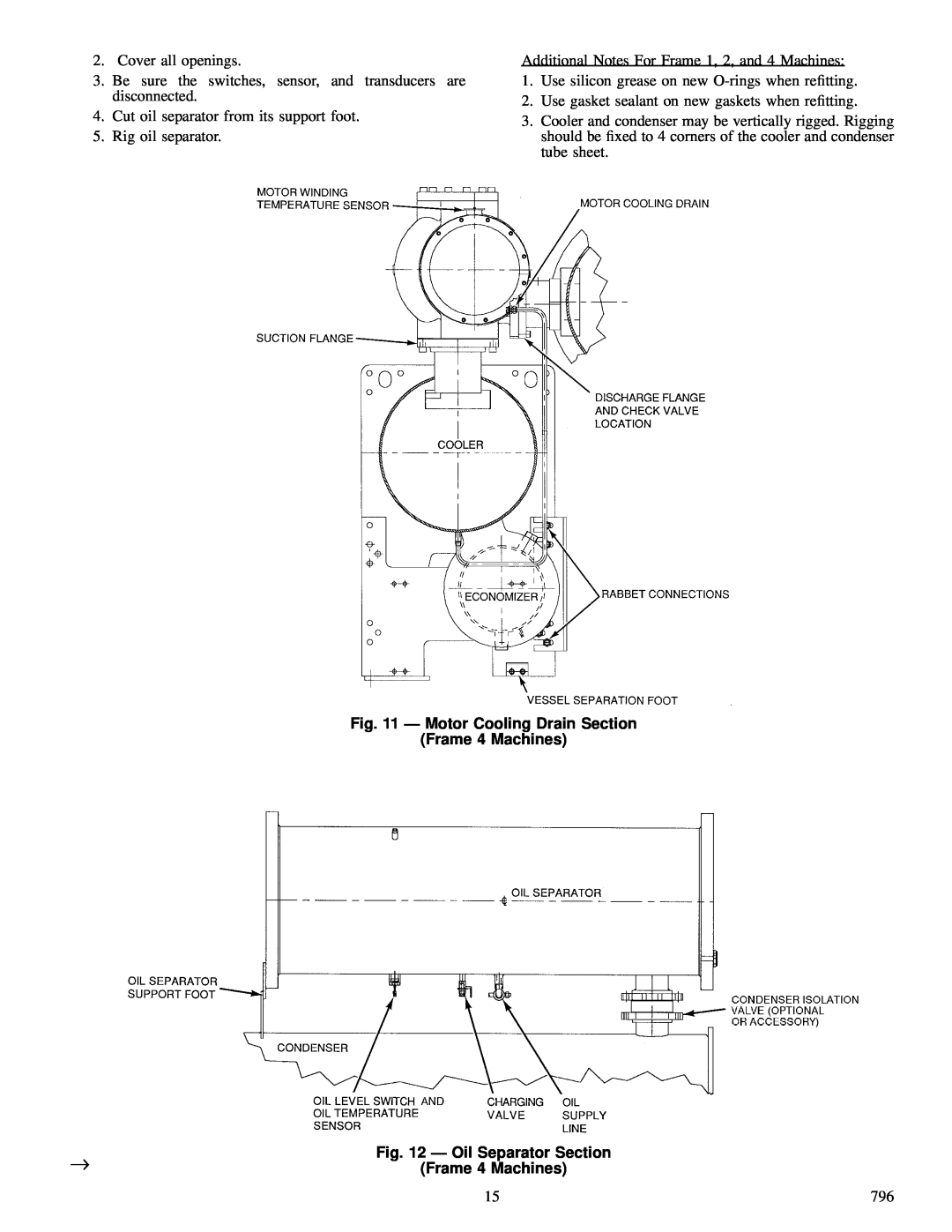 Carrier 23 XL installation instructions Ð Motor Cooling Drain Section, Frame 4 Machines, Ð Oil Separator Section 
