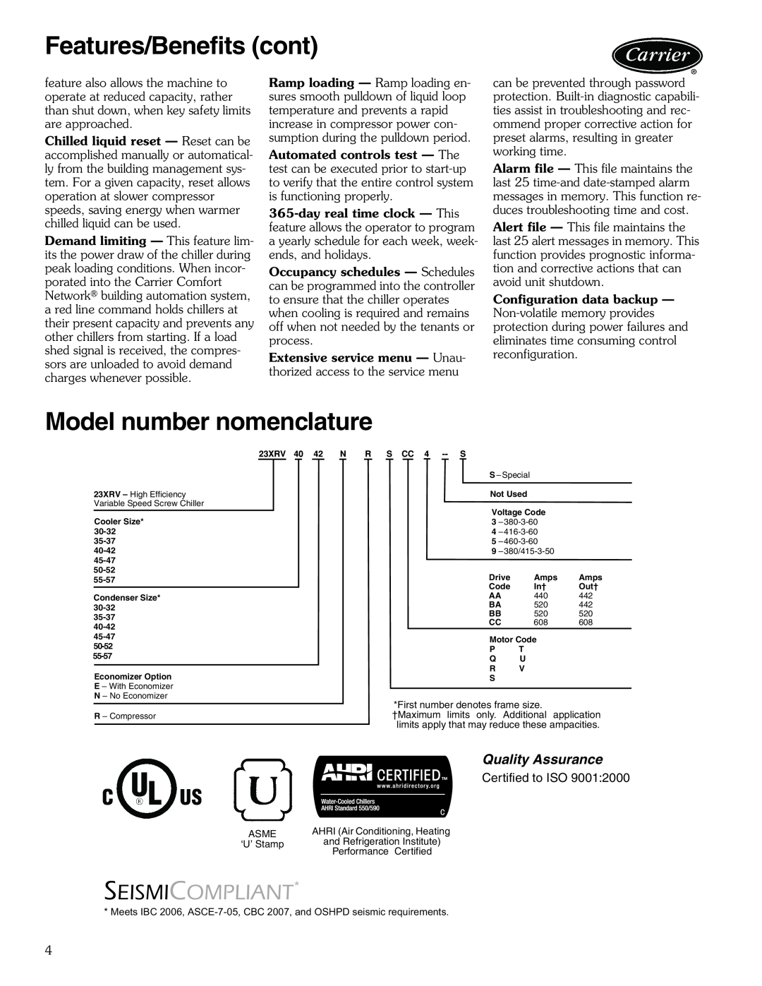 Carrier 23XRV manual Model number nomenclature, Features/Benefits cont, Seismicompliant, Quality Assurance, a23-1648 