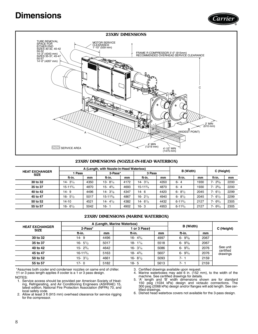 Carrier manual Dimensions, a23-1646, 23XRV DIMENSIONS NOZZLE-IN-HEAD WATERBOX, 23XRV DIMENSIONS MARINE WATERBOX 