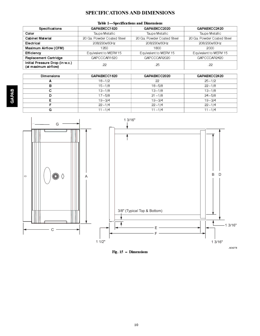 Carrier 2020, 2420, 1620 installation instructions Specifications and Dimensions 