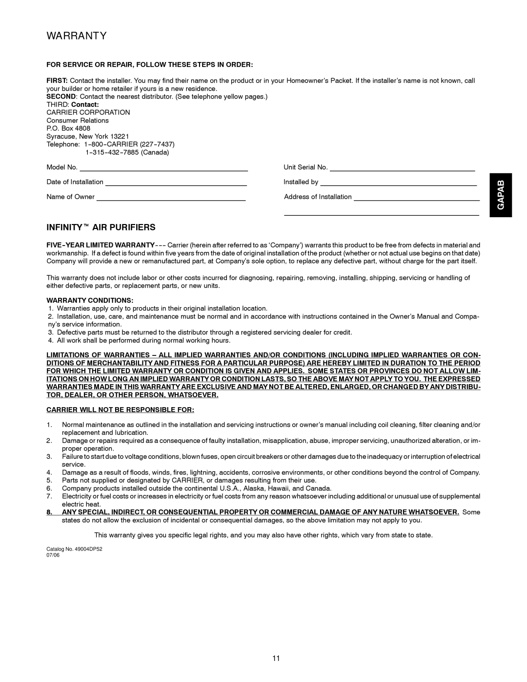 Carrier 1620, 2420, 2020 installation instructions Warranty, For Service or REPAIR, Follow These Steps in Order 