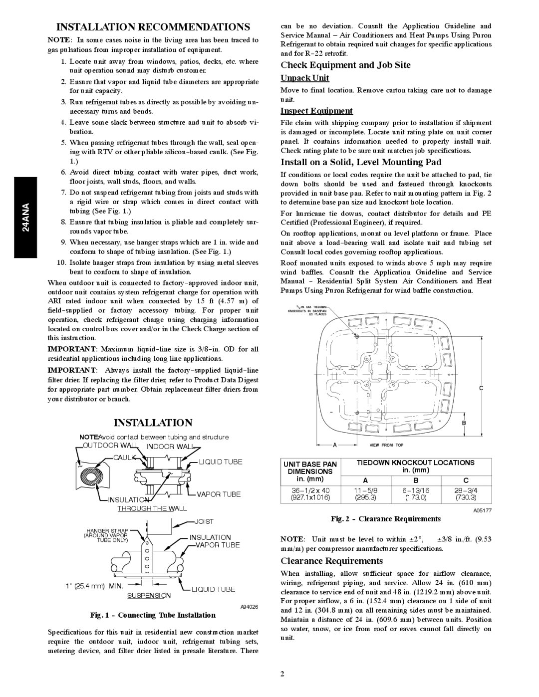 Carrier 24ANA Installation Recommendations, Check Equipment and Job Site, Install on a Solid, Level Mounting Pad 