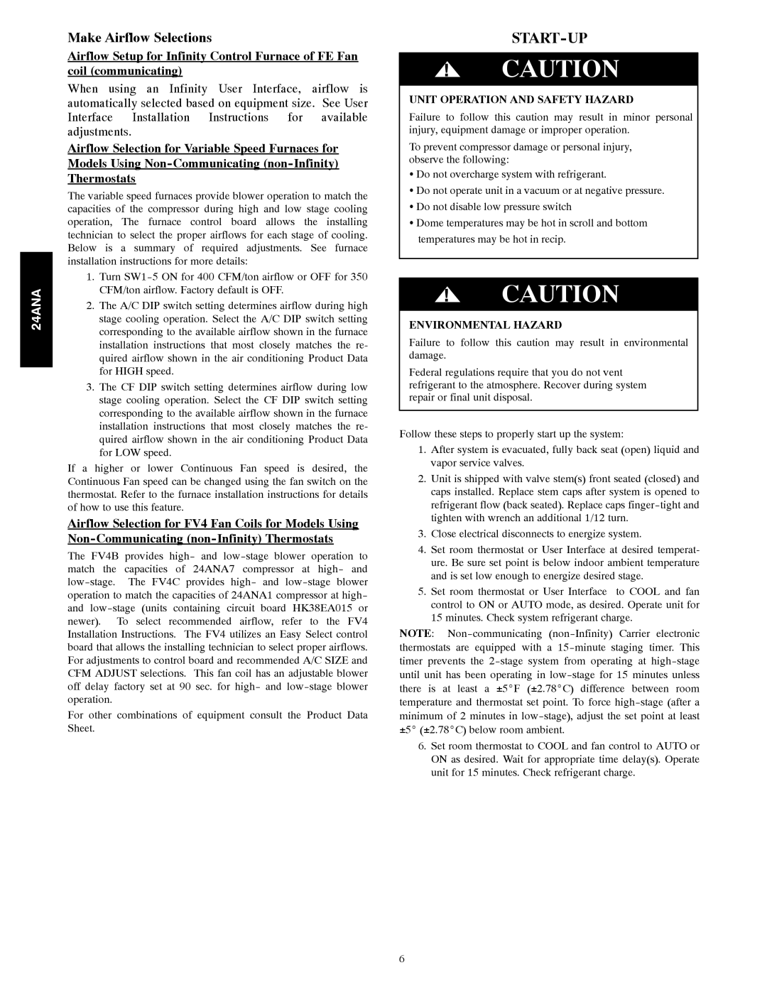 Carrier 24ANA installation instructions Start-Up, Make Airflow Selections, Environmental Hazard 