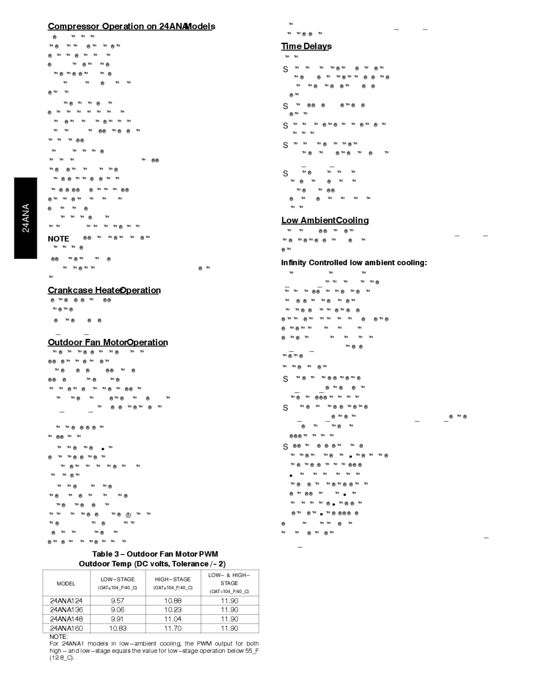 Carrier Compressor Operation on 24ANA1 Models, Crankcase Heater Operation, Outdoor Fan Motor Operation, Time Delays 