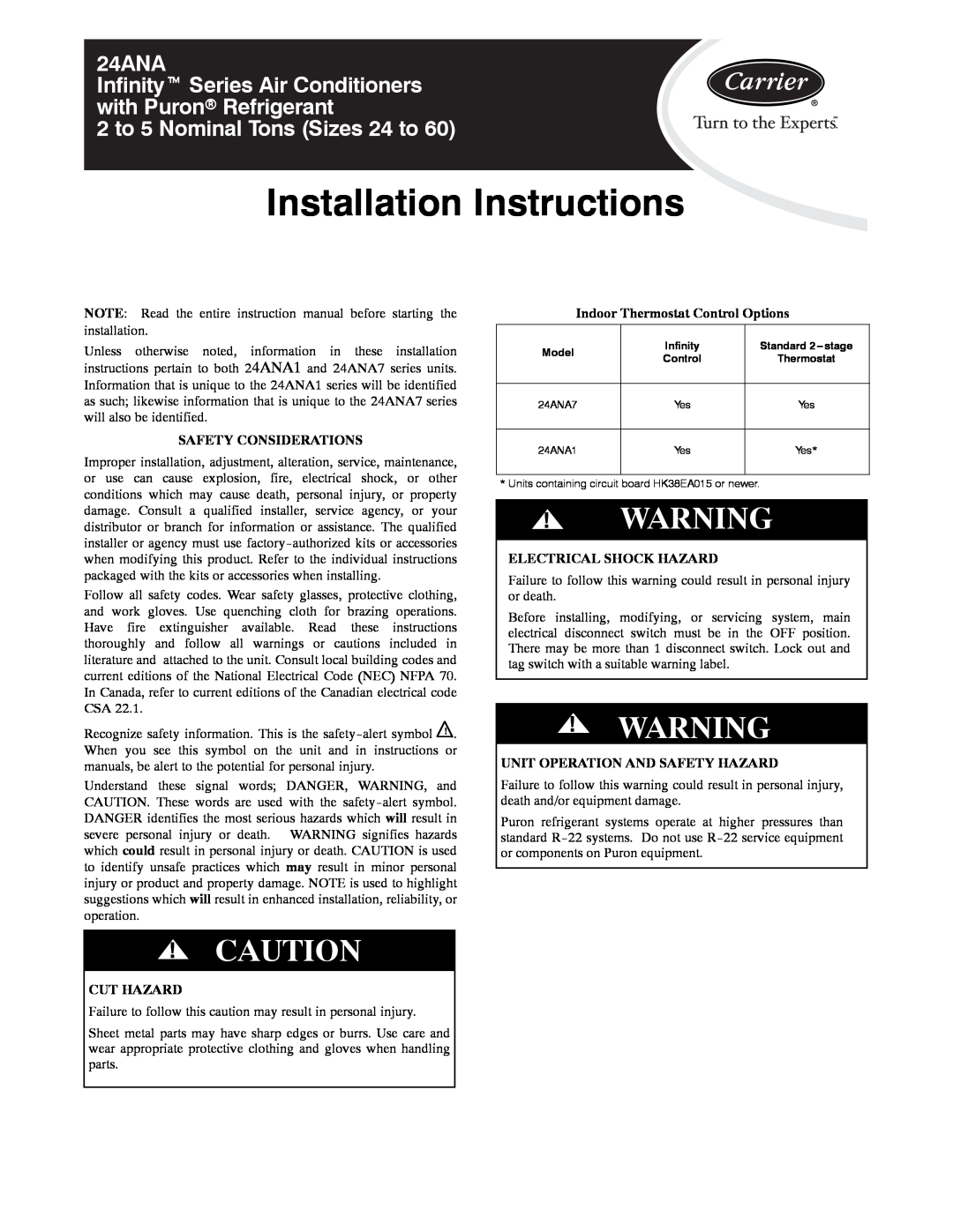 Carrier 24ANA installation instructions Safety Considerations, Indoor Thermostat Control Options, Electrical Shock Hazard 