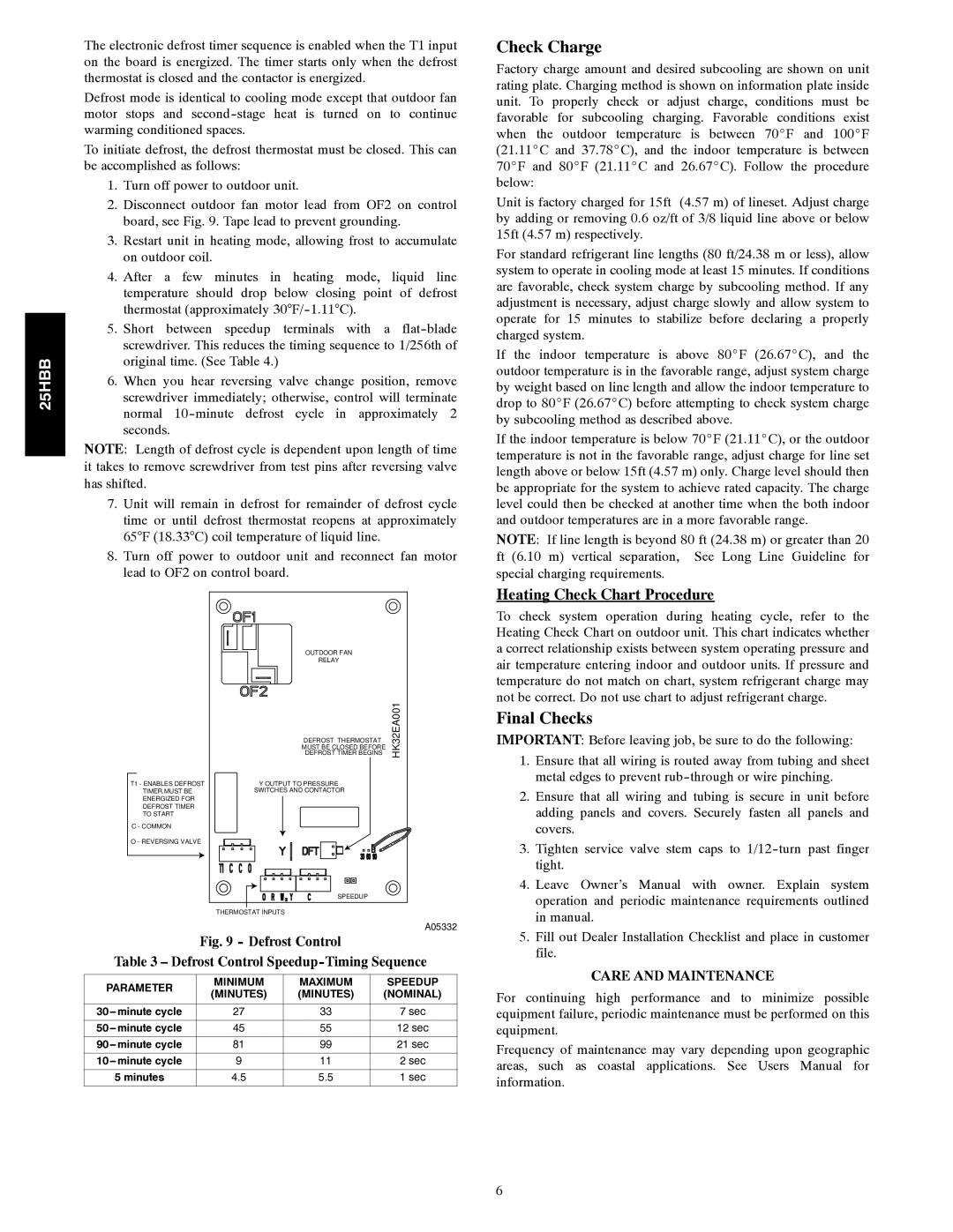 Carrier 25HBB installation instructions Check Charge, Final Checks, Heating Check Chart Procedure, Care and Maintenance 