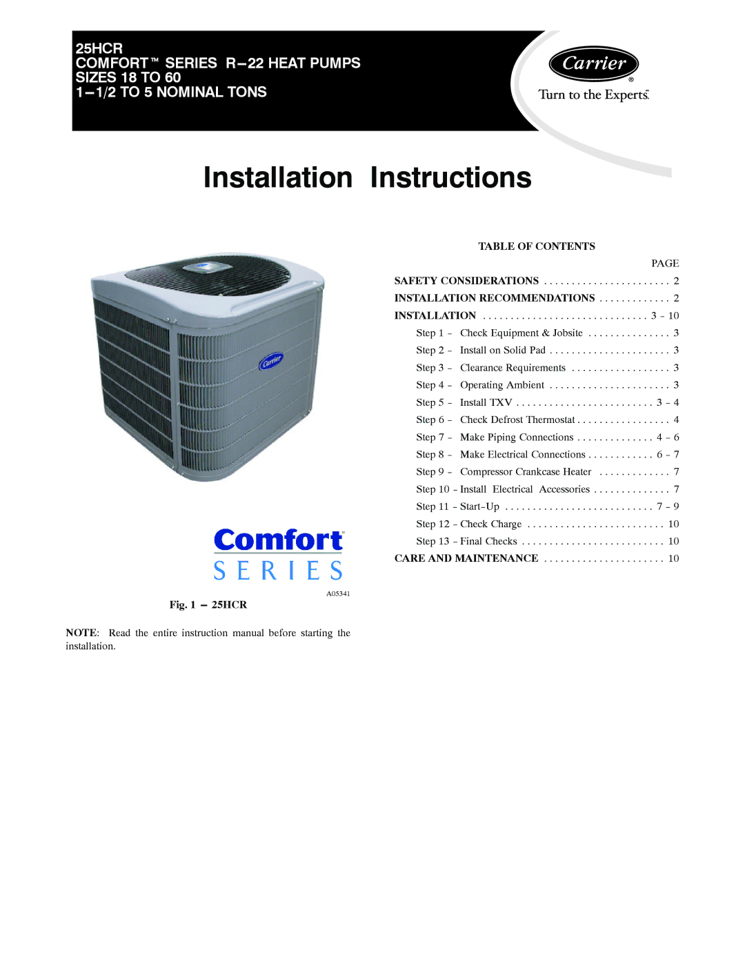 Carrier 25HCR installation instructions Installation Instructions, Table of Contents 