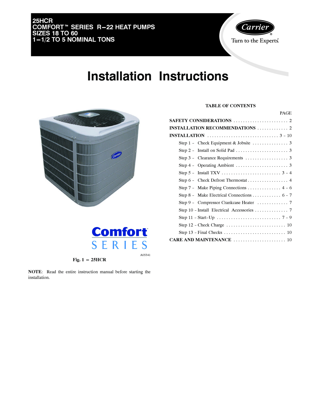 Carrier 25HCR installation instructions Table Of Contents, Installation Recommendations, Installation Instructions 