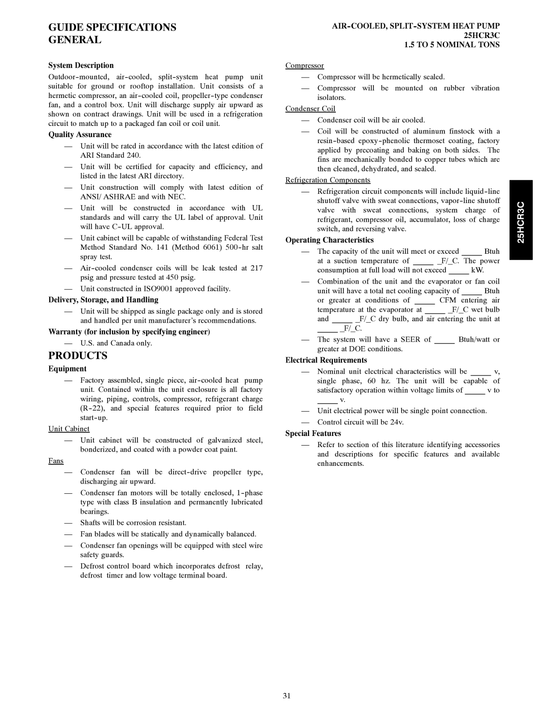 Carrier 25HCR3C warranty Guide Specifications General, Products 