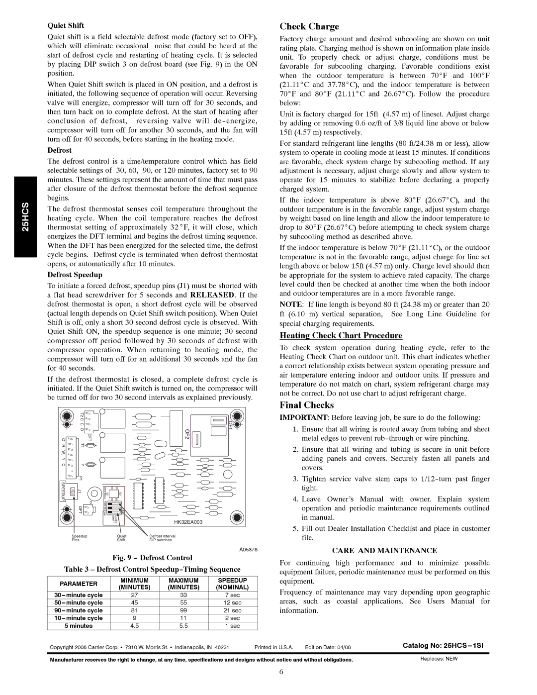 Carrier 25HCS installation instructions Check Charge, Final Checks, Heating Check Chart Procedure, Care and Maintenance 