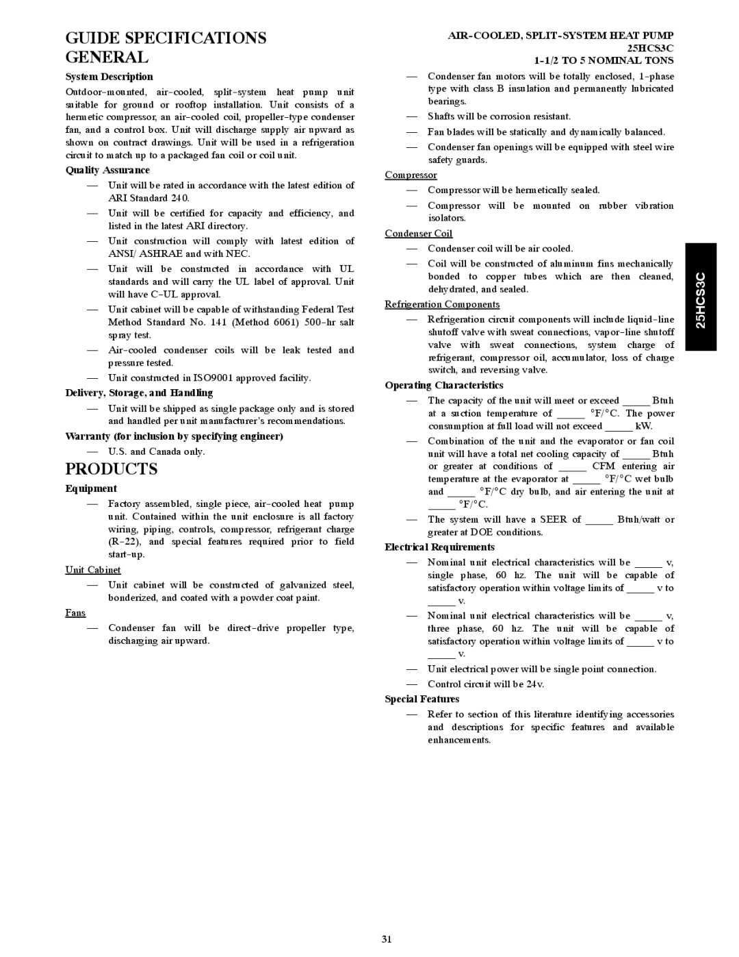 Carrier 25HCS3C warranty Guide Specifications General, Products 