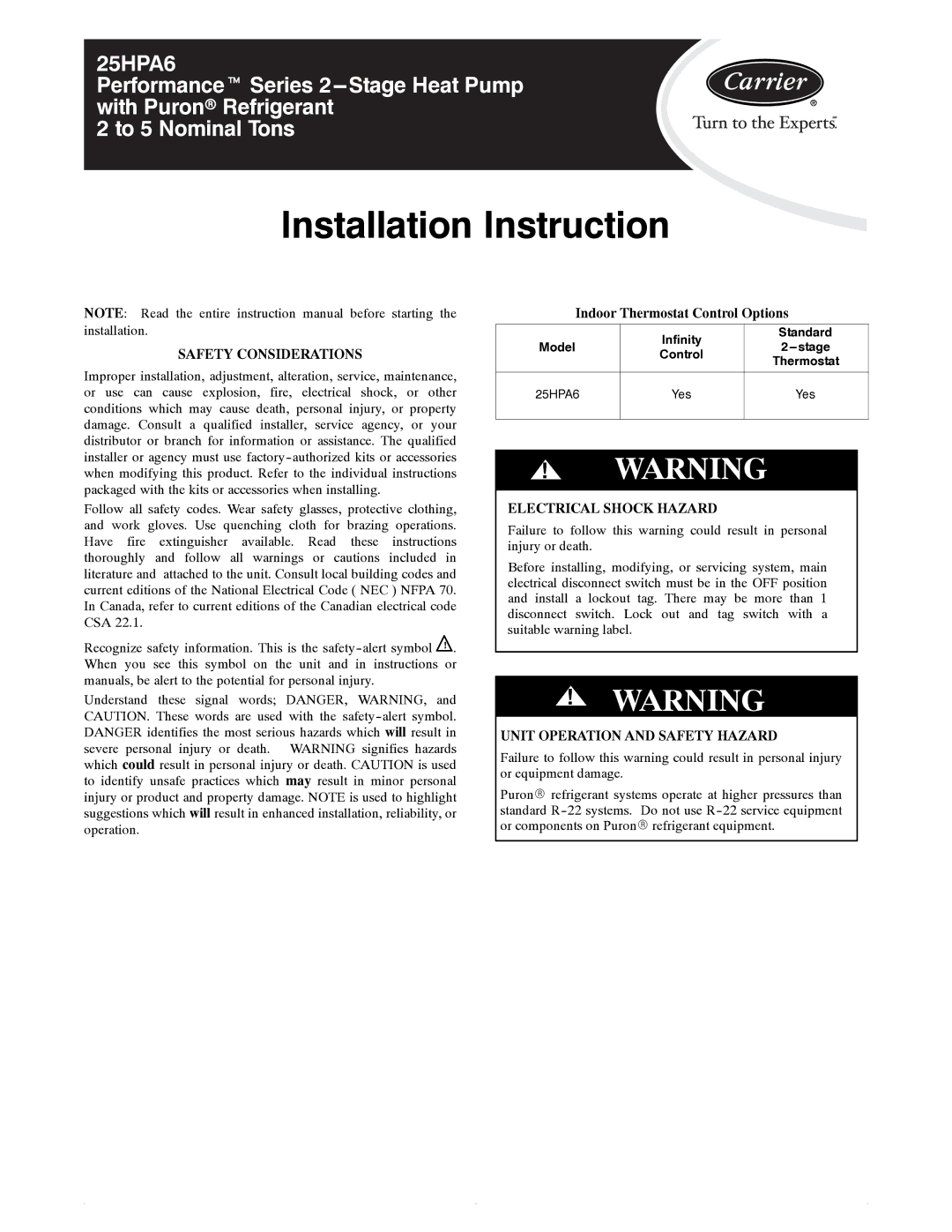 Carrier 25HPA6 instruction manual Safety Considerations, Indoor Thermostat Control Options, Electrical Shock Hazard 