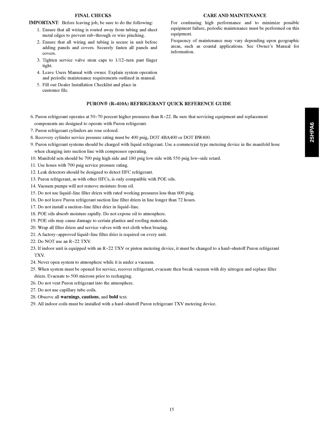 Carrier 25HPA6 instruction manual Final Checks, Care and Maintenance, Puronr R-410A Refrigerant Quick Reference Guide 