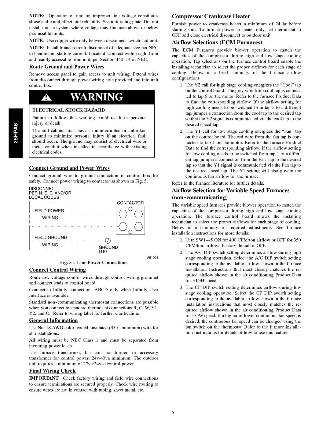 Carrier 25HPA6 instruction manual Compressor Crankcase Heater, Airflow Selections ECM Furnaces 