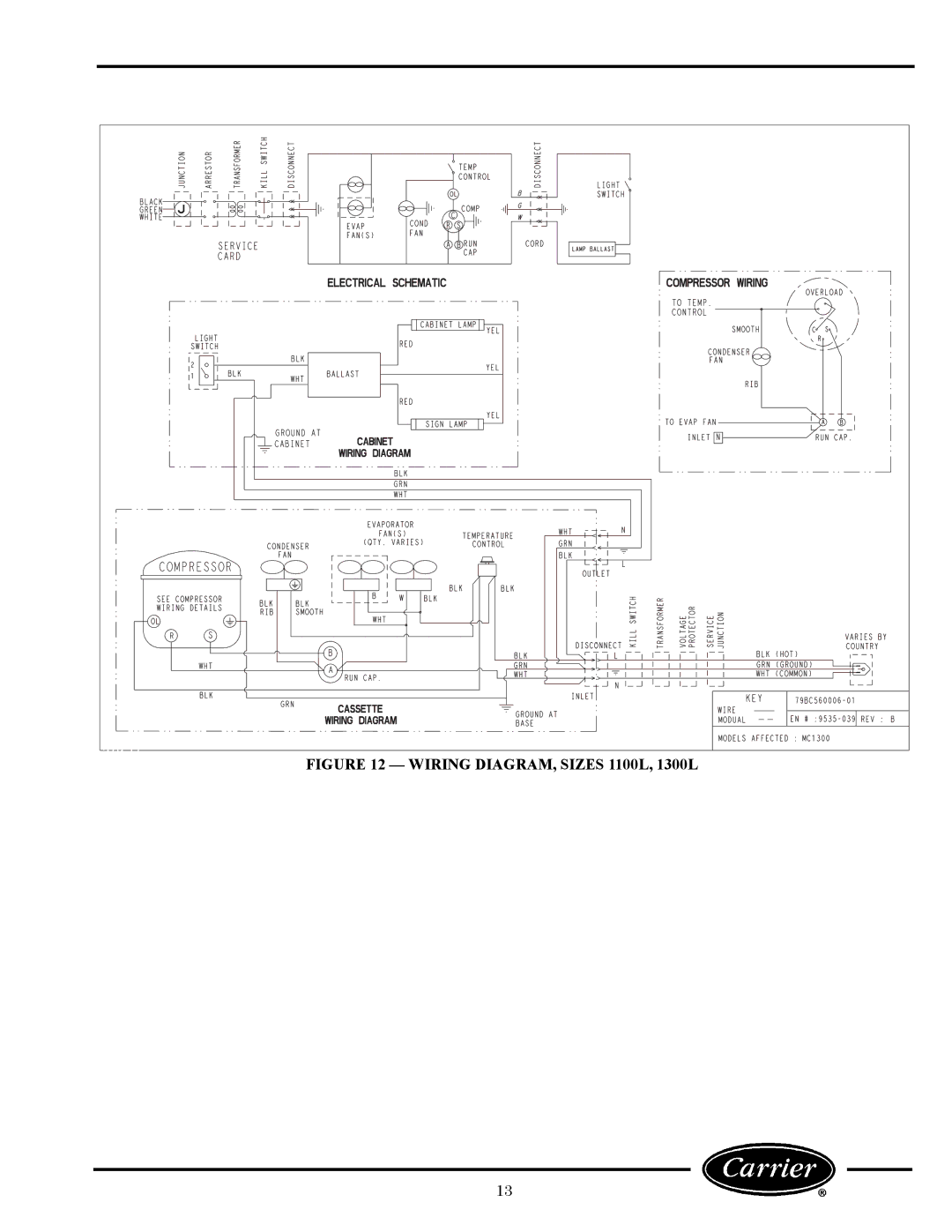 Carrier 260L owner manual Wiring DIAGRAM, Sizes 1100L, 1300L 