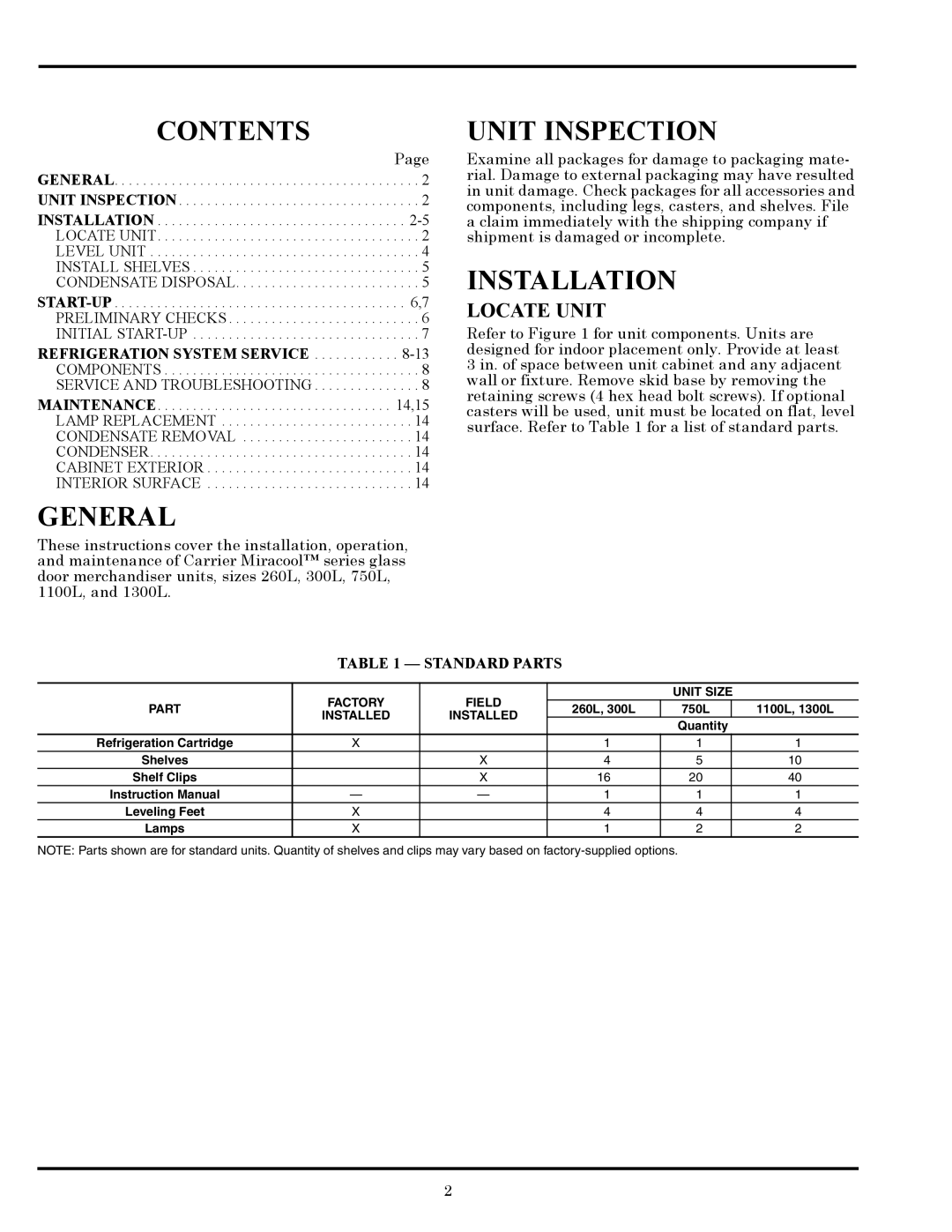 Carrier 260L, 1300L owner manual Contents, Unit Inspection, Installation, General 