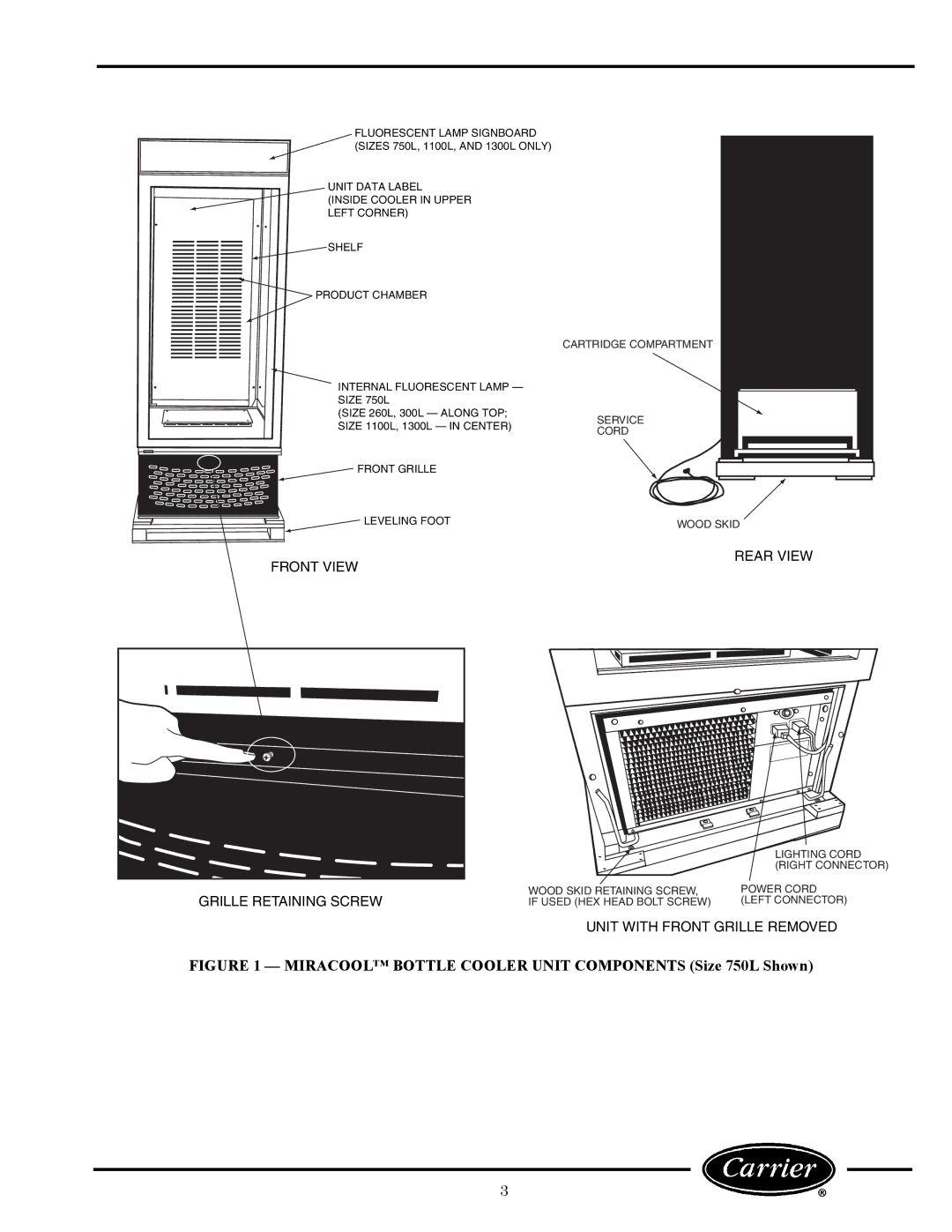 Carrier 1300L, 260L owner manual Miracool Bottle Cooler Unit Components Size 750L Shown 