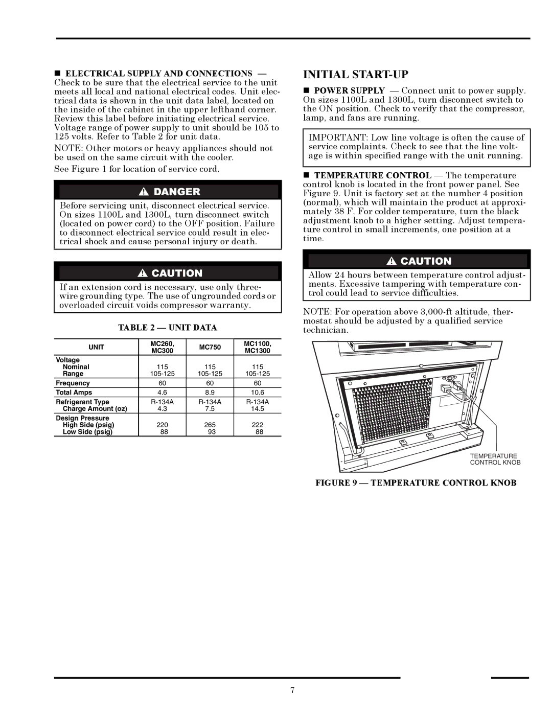 Carrier 1300L, 260L owner manual Initial START-UP, „ Electrical Supply and Connections, Unit Data 