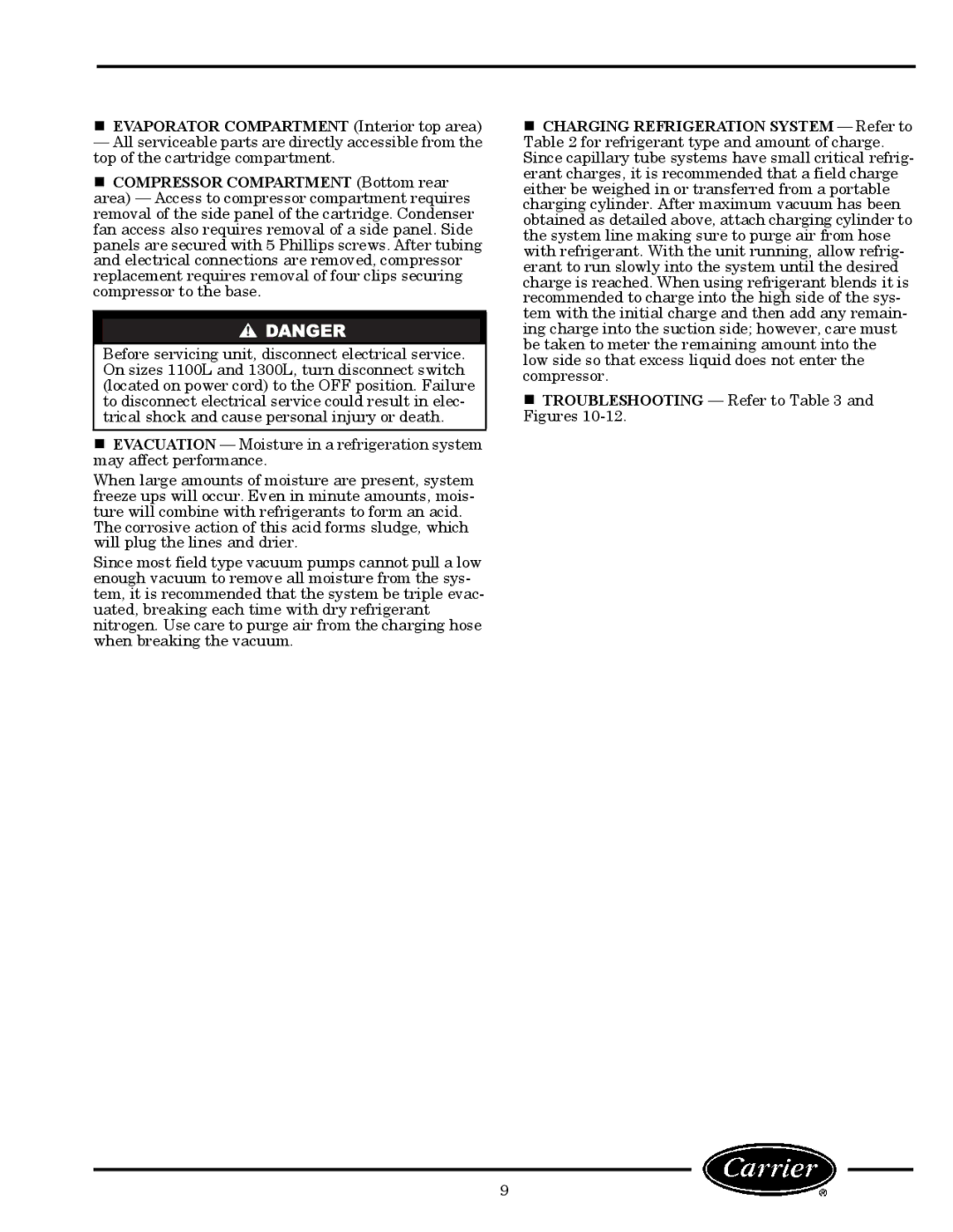 Carrier 1300L, 260L owner manual „ Evaporator Compartment Interior top area 