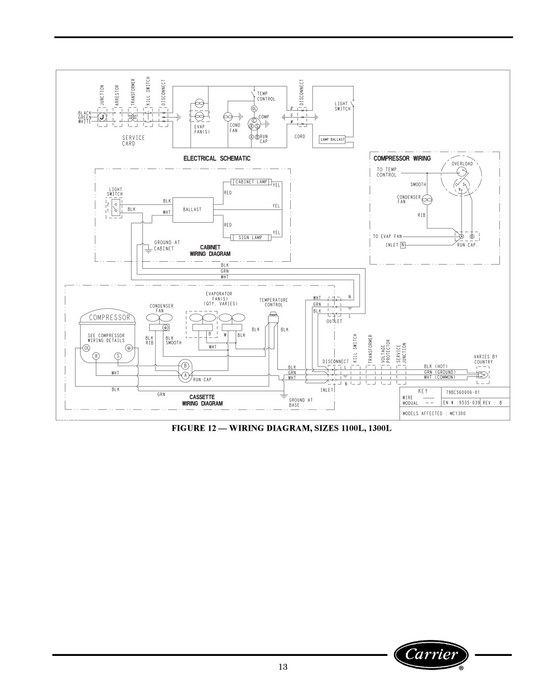 Carrier 260L owner manual WIRING DIAGRAM, SIZES 1100L, 1300L, a79-11 