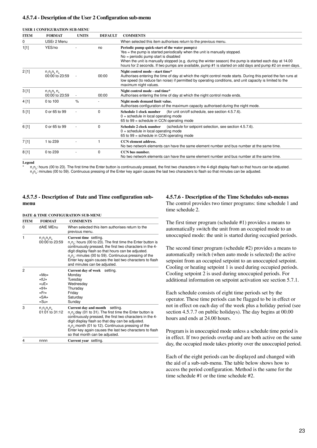 Carrier 30GK manual Description of the User 2 Configuration sub-menu, Description of Date and Time configuration sub Menu 