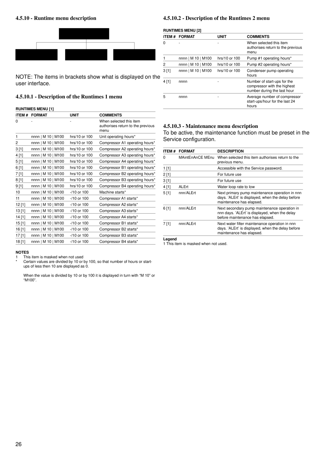 Carrier 30GK manual Runtime menu description Description of the Runtimes 2 menu, Description of the Runtimes 1 menu 