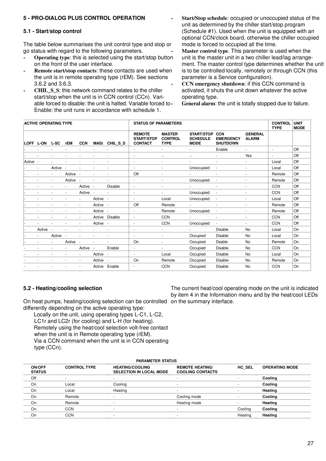 Carrier 30GK manual PRO-DIALOG Plus Control Operation, Start/stop control, Heating/cooling selection 