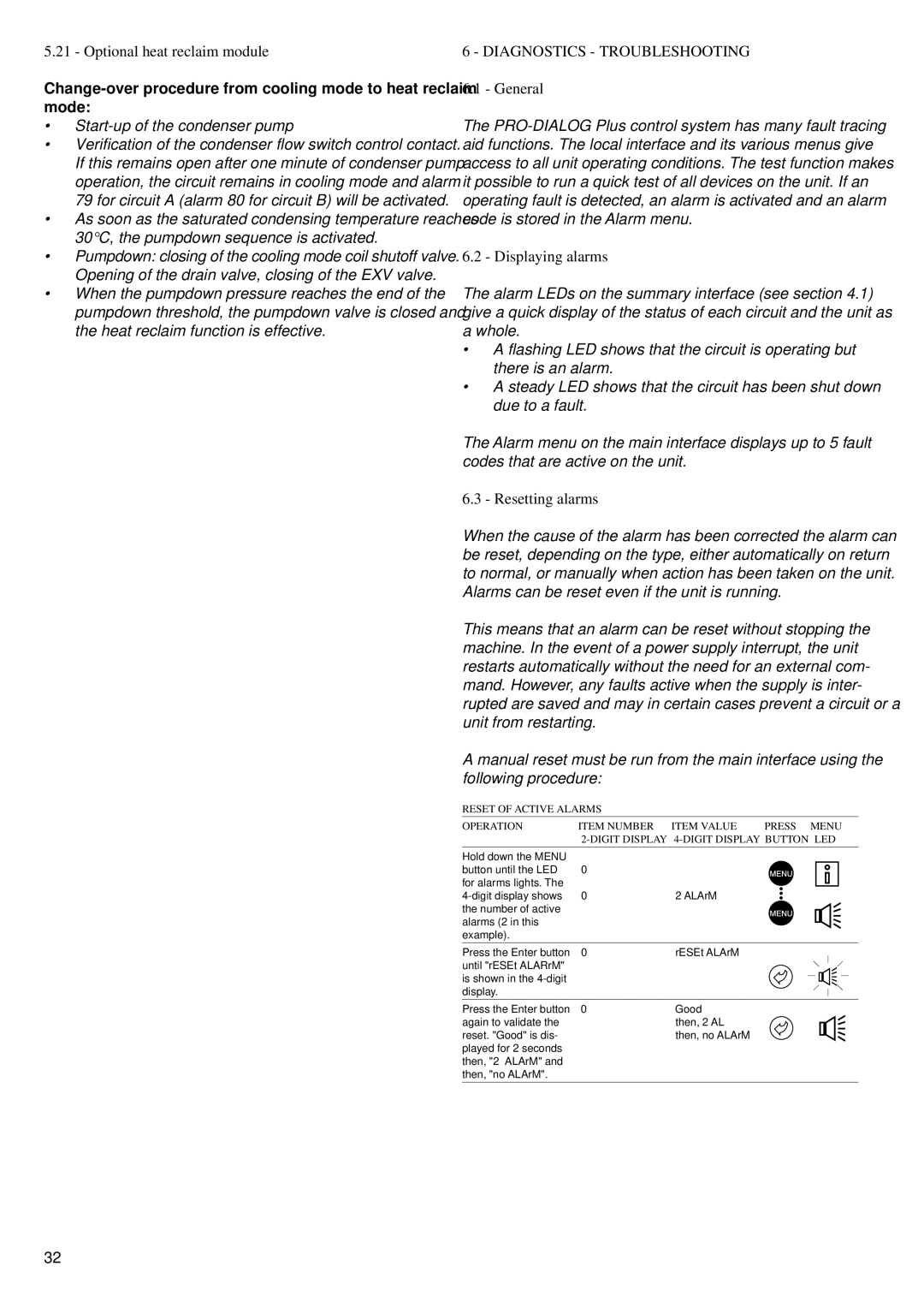 Carrier 30GK manual Optional heat reclaim module, Diagnostics Troubleshooting, Displaying alarms, Resetting alarms 