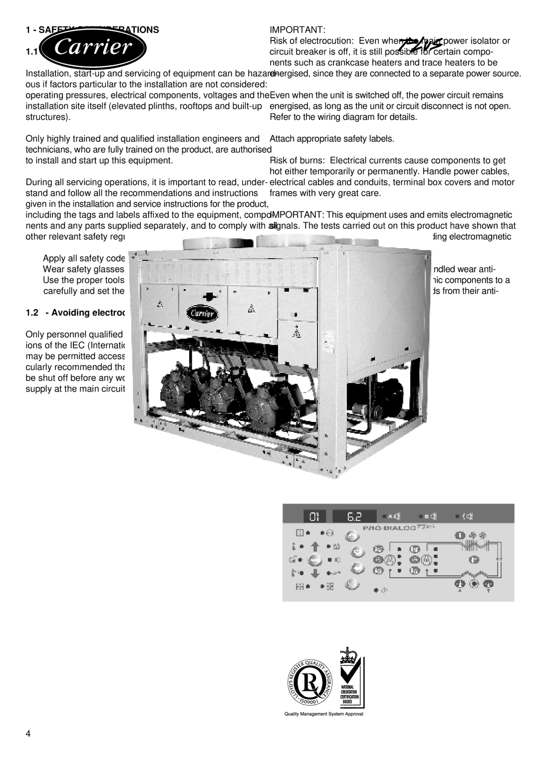 Carrier 30GK manual Safety Considerations, General, Avoiding electrocution 