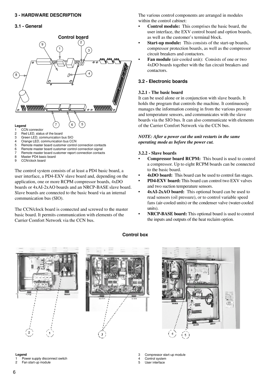 Carrier 30GK manual Hardware Description, General Control board, Electronic boards, Control box 