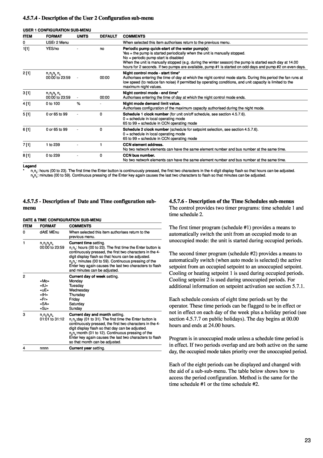 Carrier 30GK manual Description of the User 2 Configuration sub-menu, Description of Date and Time configuration sub menu 