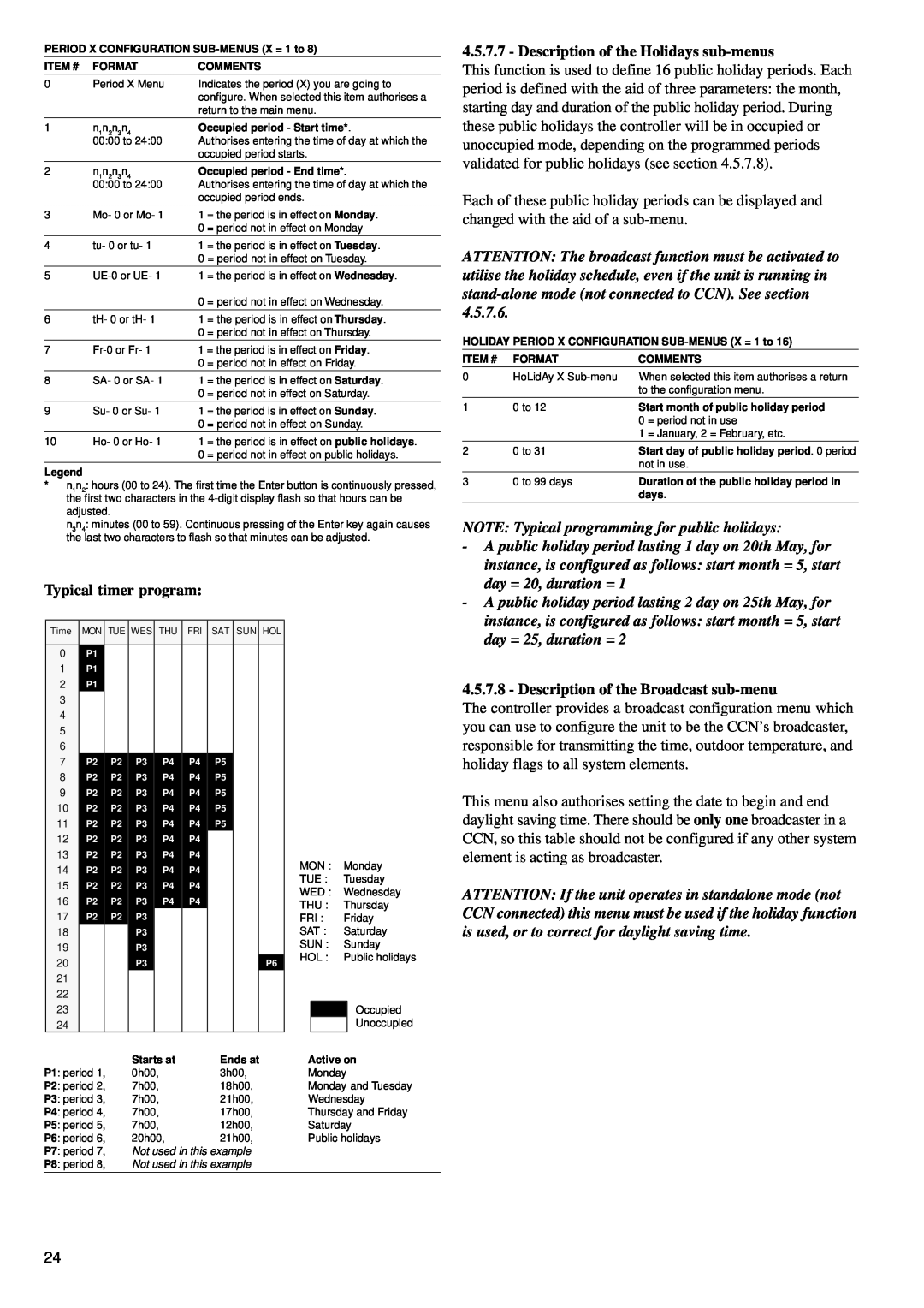 Carrier 30GK manual Typical timer program, Description of the Holidays sub-menus, Description of the Broadcast sub-menu 