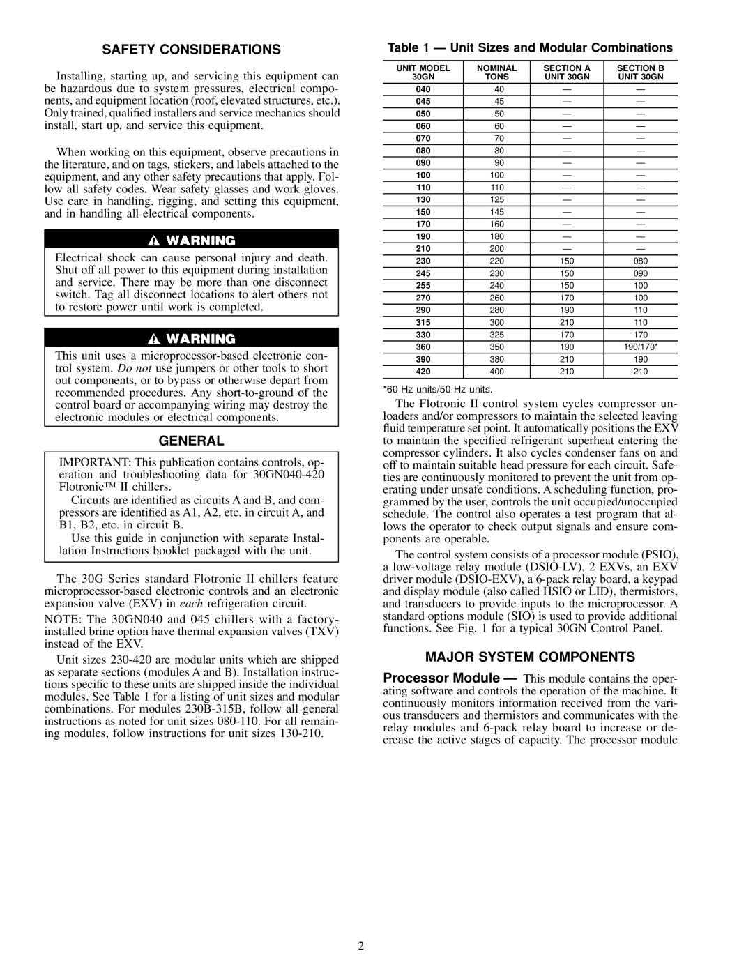 Carrier 30GN040-420 Unit Sizes and Modular Combinations, Unit Model Nominal Section a Section B, Tons Unit 30GN 