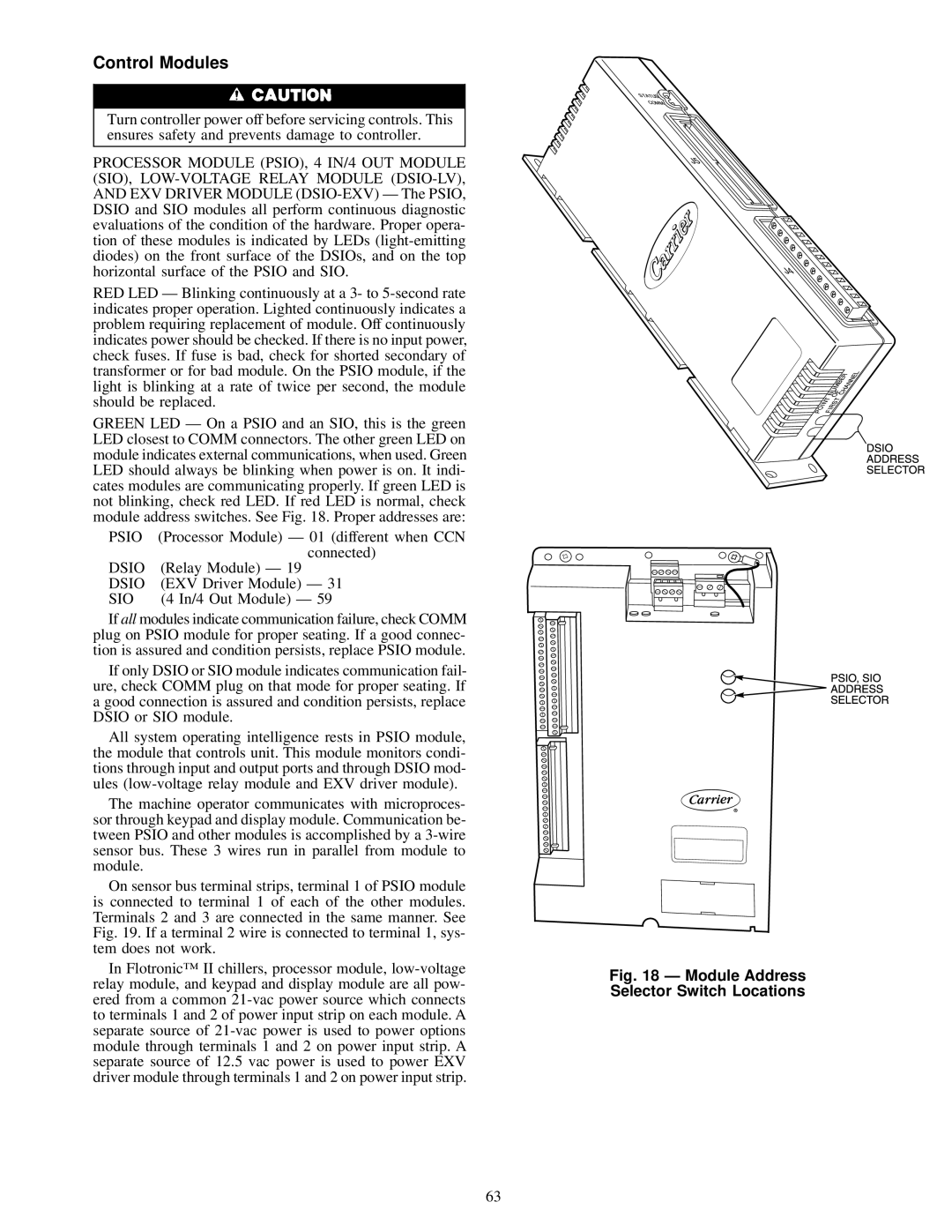 Carrier 30GN040-420 operating instructions Control Modules, Module Address Selector Switch Locations 