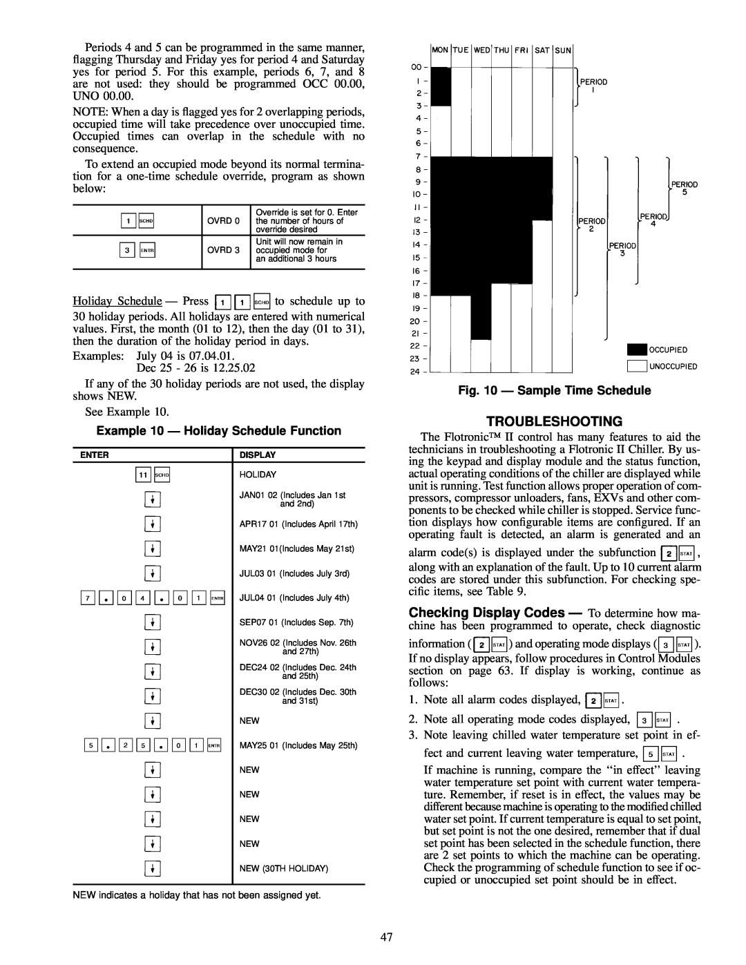 Carrier 30GN040-420 operating instructions Troubleshooting, Example 10 Ð Holiday Schedule Function, Ð Sample Time Schedule 
