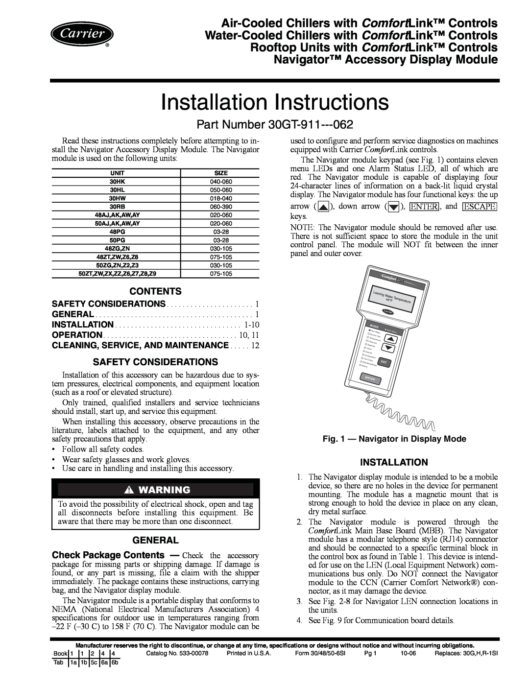 Carrier 30GT-911---062 installation instructions Contents, Safety Considerations, General, Installation 