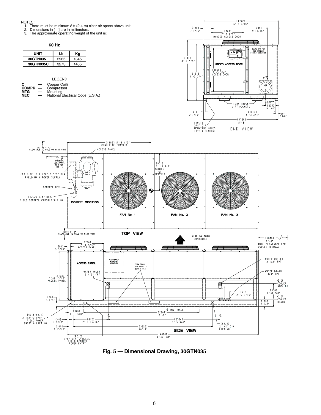 Carrier 30GTN015-035 installation instructions Dimensional Drawing, 30GTN035 