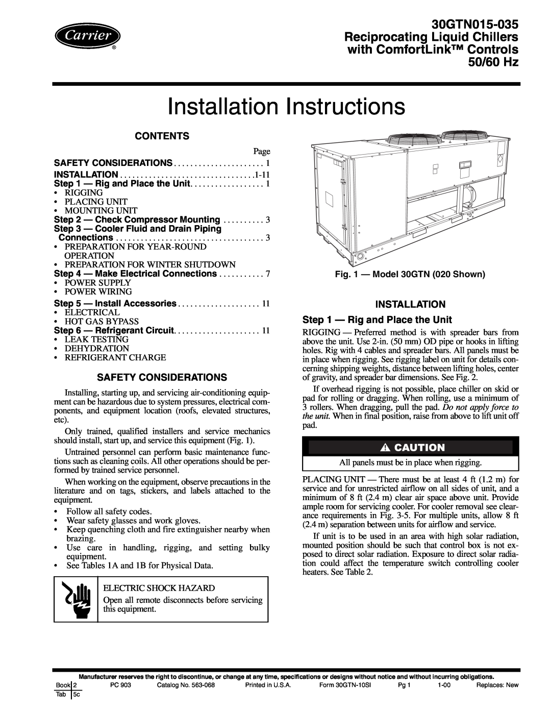 Carrier 30GTN015-035 installation instructions Contents, Safety Considerations, INSTALLATION - Rig and Place the Unit 