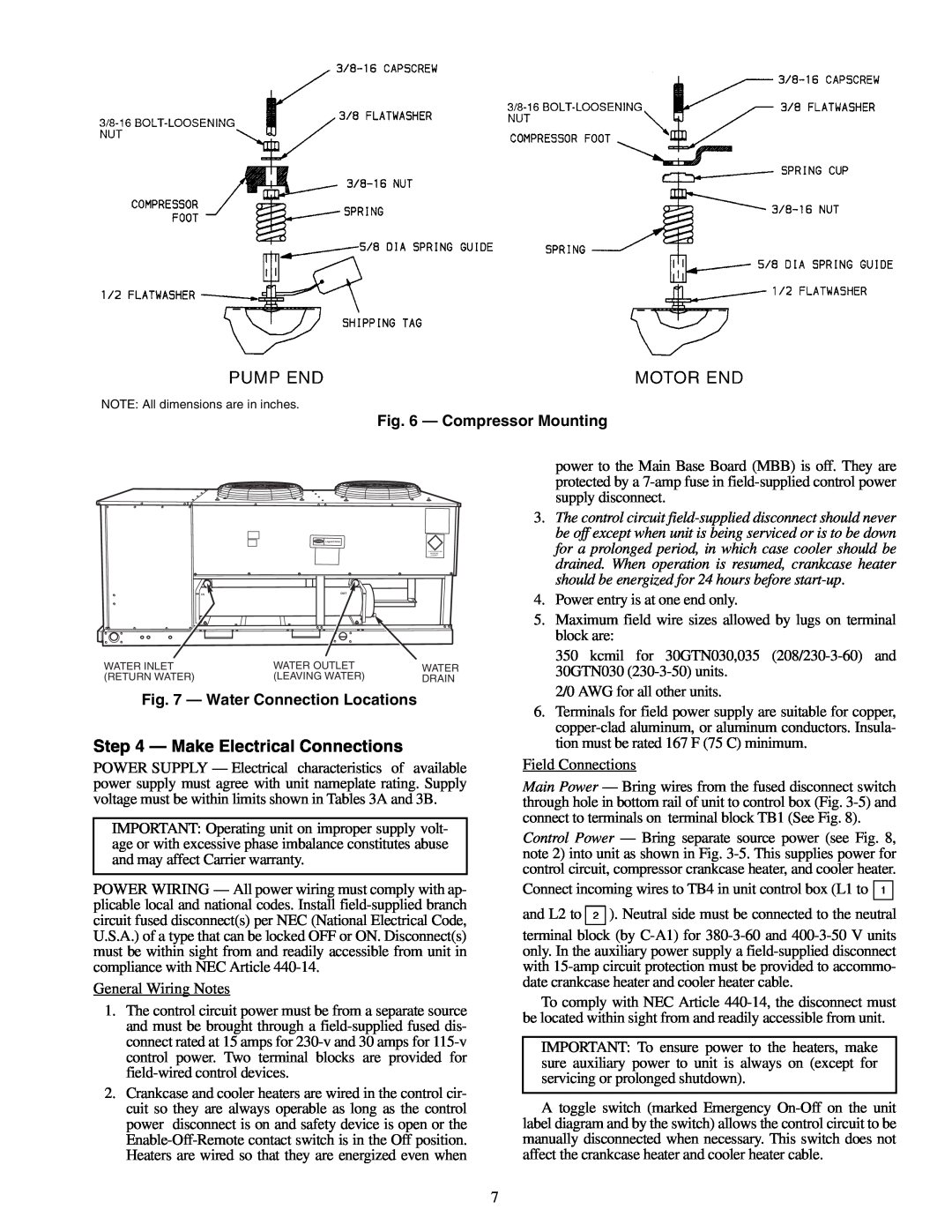 Carrier 30GTN015-035 installation instructions Make Electrical Connections, Compressor Mounting, Water Connection Locations 