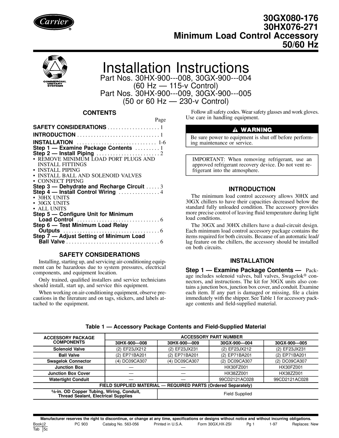 Carrier 30HX076-271, 30GX080-176 installation instructions Installation Instructions 