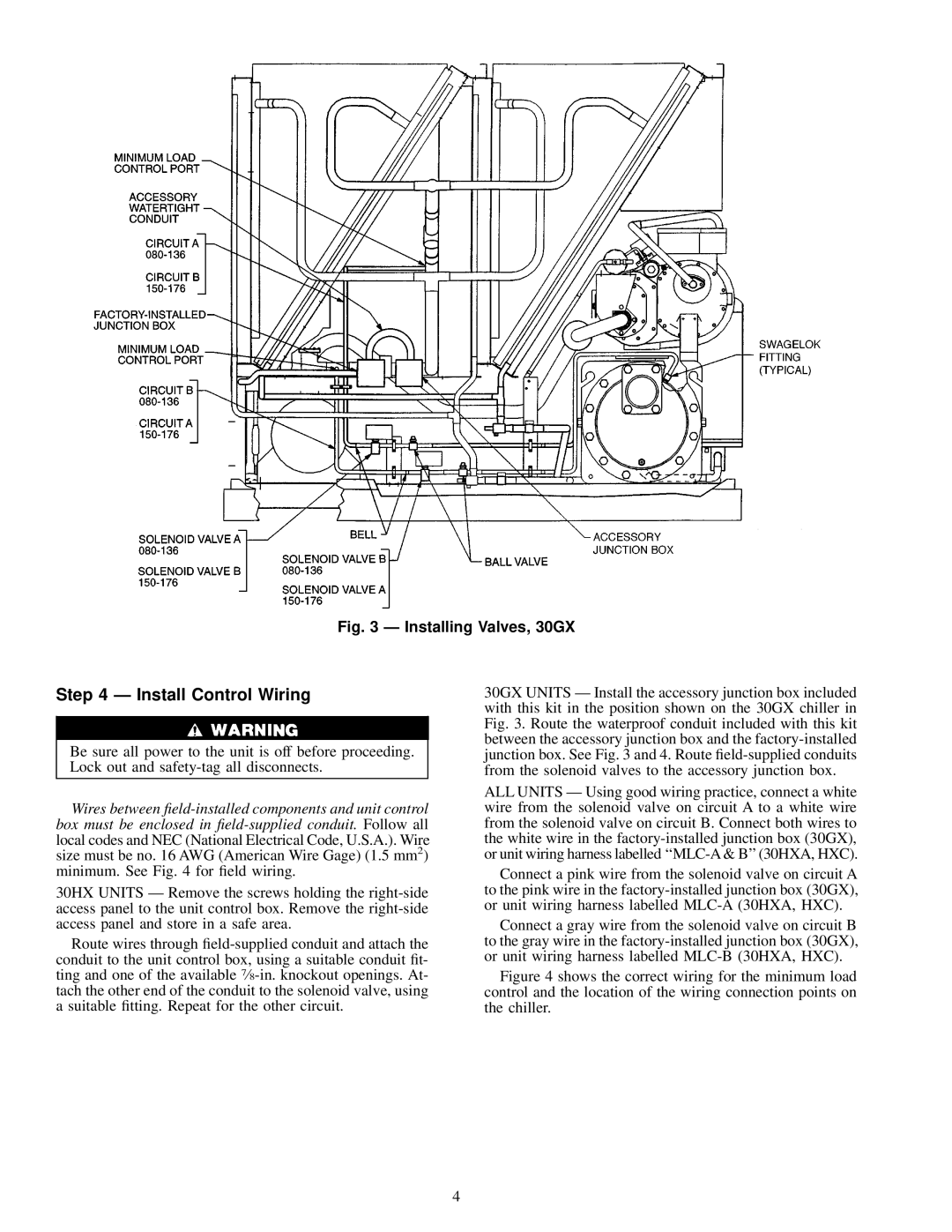 Carrier 30GX080-176, 30HX076-271 installation instructions Install Control Wiring, Installing Valves, 30GX 